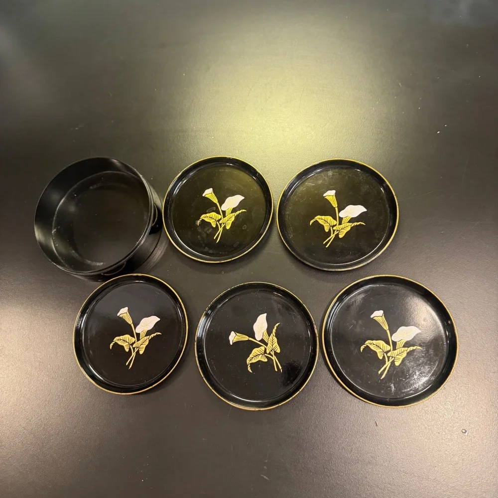 Asahi Coaster Set Vintage Black Calla Lily Floral Lacquerware Japan  No Lid